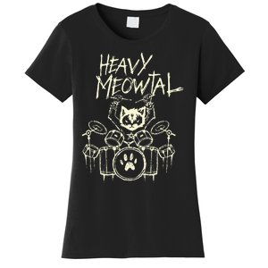 Heavy Metal Headbanger Gift Drummer Cat Playing Drum Meowtal Women's T-Shirt