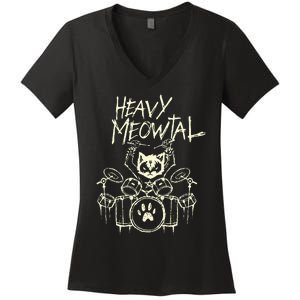 Heavy Metal Headbanger Gift Drummer Cat Playing Drum Meowtal Women's V-Neck T-Shirt