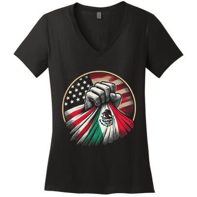 Half Mexican Half American Usa Flag Mexico America Women's V-Neck T-Shirt