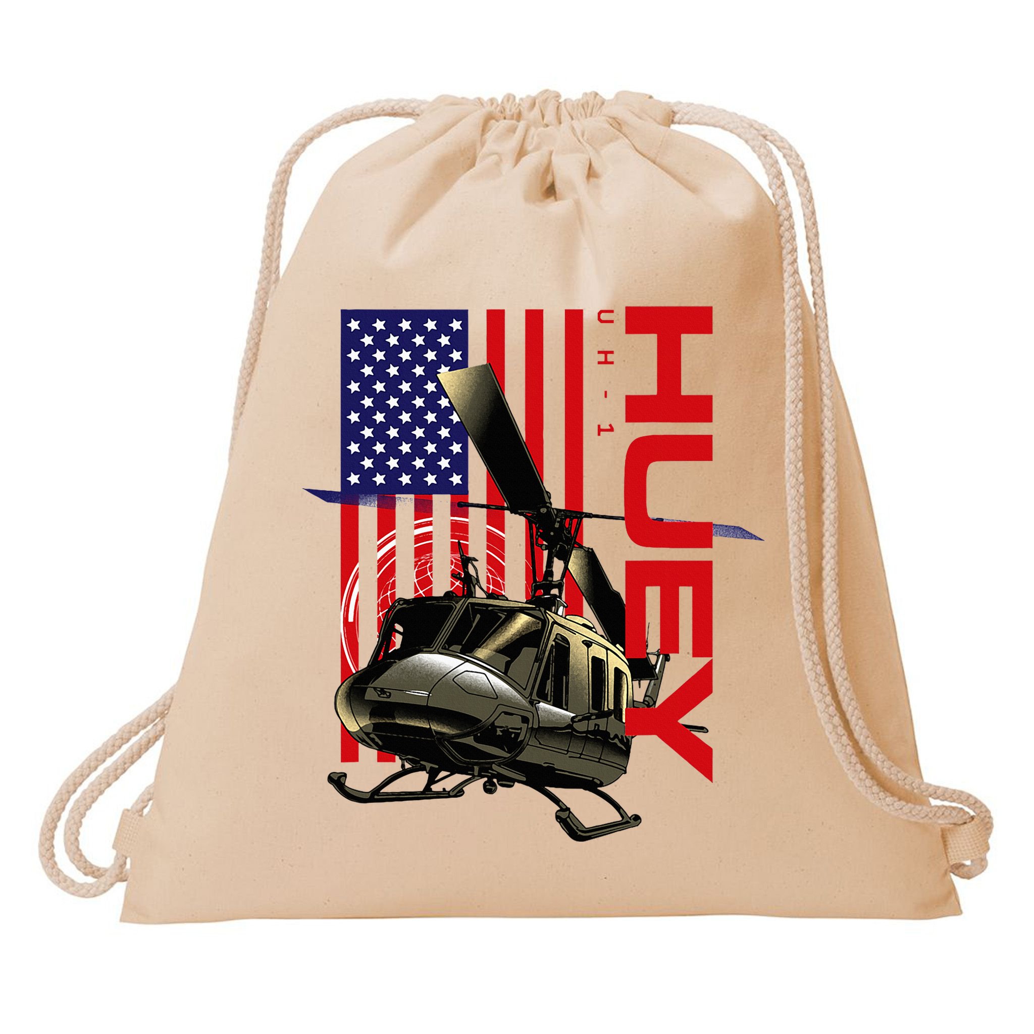 Huey Military Helicopter Airplane American Flag Drawstring Bag