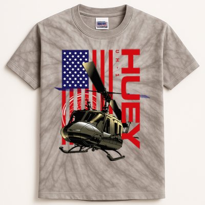 Huey Military Helicopter Airplane American Flag Kids Tie-Dye T-Shirt