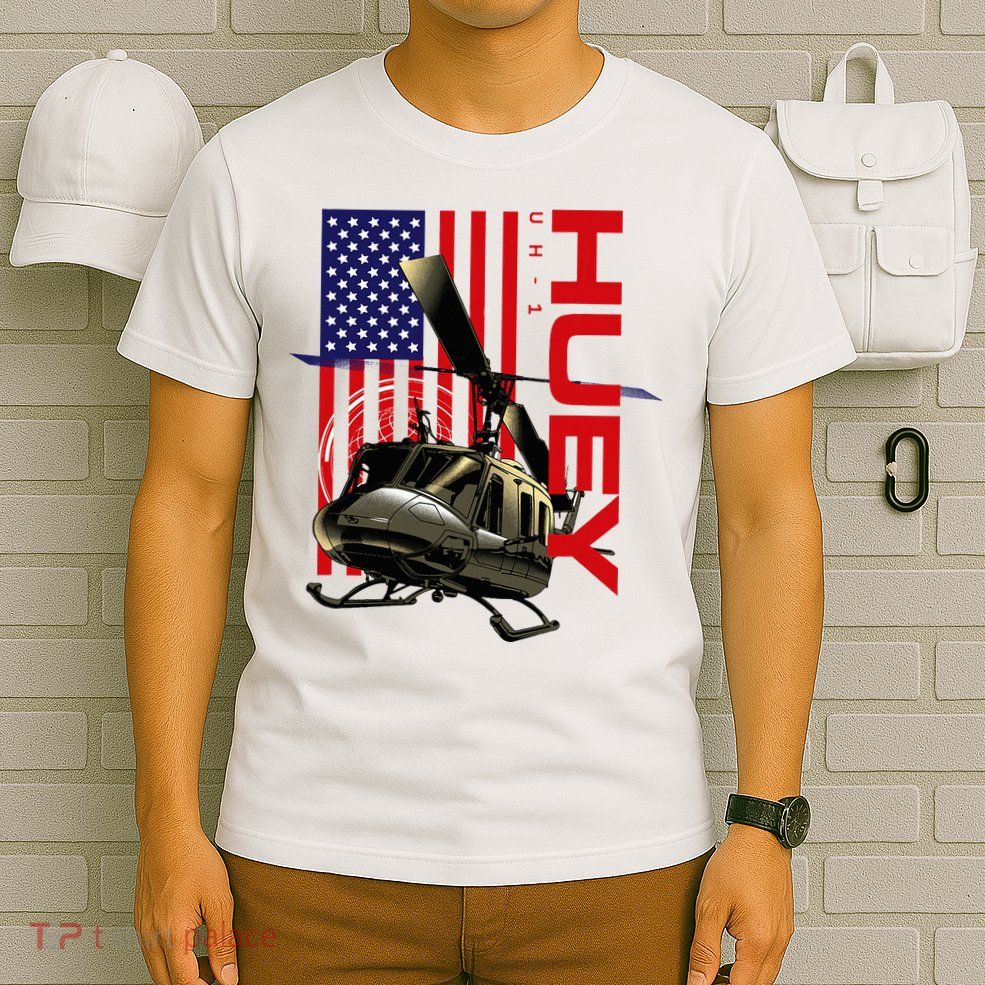 Huey Military Helicopter Airplane American Flag T-Shirt