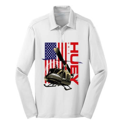 Huey Military Helicopter Airplane American Flag Silk Touch Performance Long Sleeve Polo