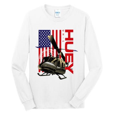 Huey Military Helicopter Airplane American Flag Tall Long Sleeve T-Shirt