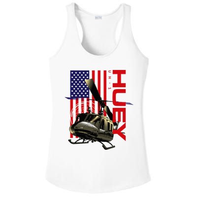 Huey Military Helicopter Airplane American Flag Ladies PosiCharge Competitor Racerback Tank