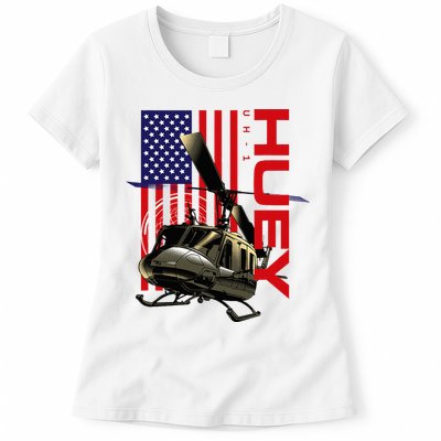 Huey Military Helicopter Airplane American Flag Womens T-Shirt