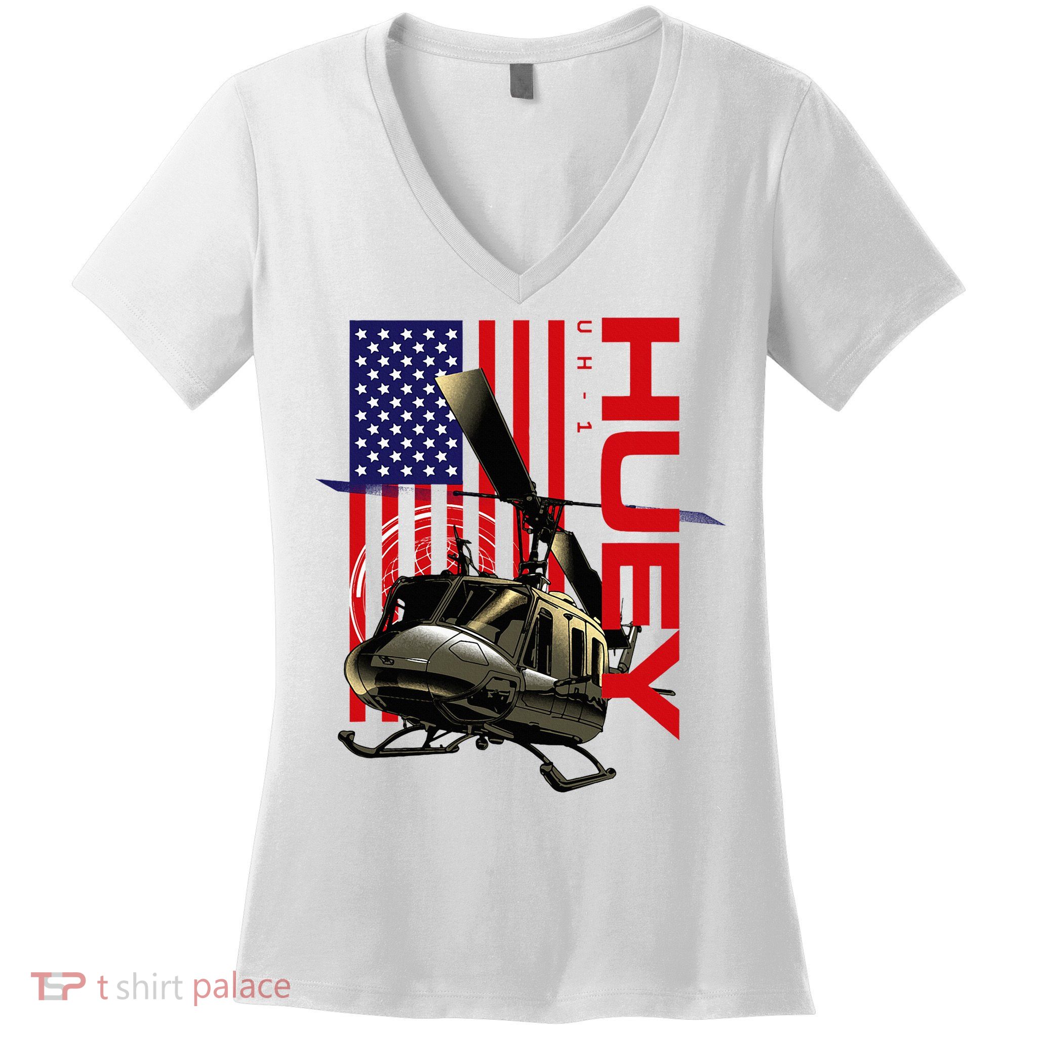Huey Military Helicopter Airplane American Flag Women's V-Neck T-Shirt