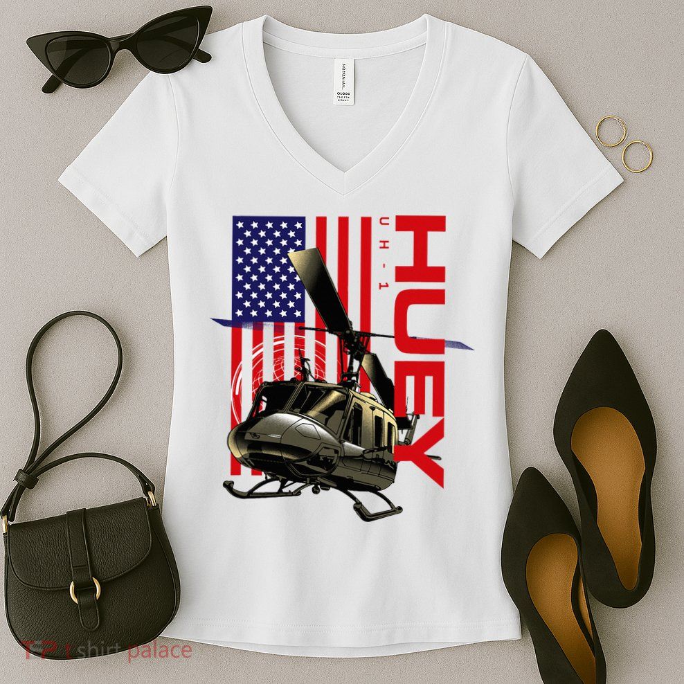 Huey Military Helicopter Airplane American Flag Women's V-Neck T-Shirt