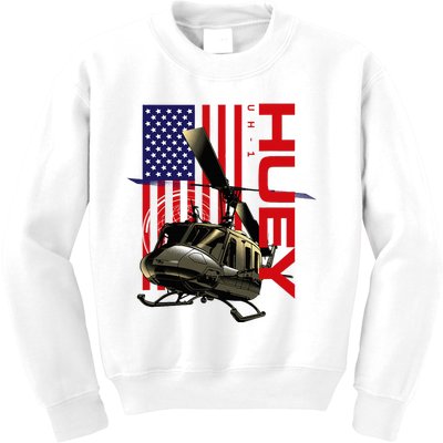 Huey Military Helicopter Airplane American Flag Kids Sweatshirt