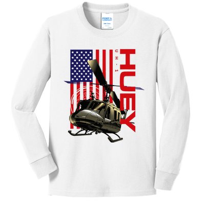 Huey Military Helicopter Airplane American Flag Kids Long Sleeve Shirt