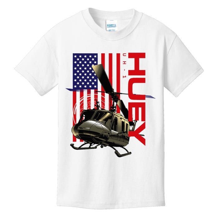 Huey Military Helicopter Airplane American Flag Kids T-Shirt