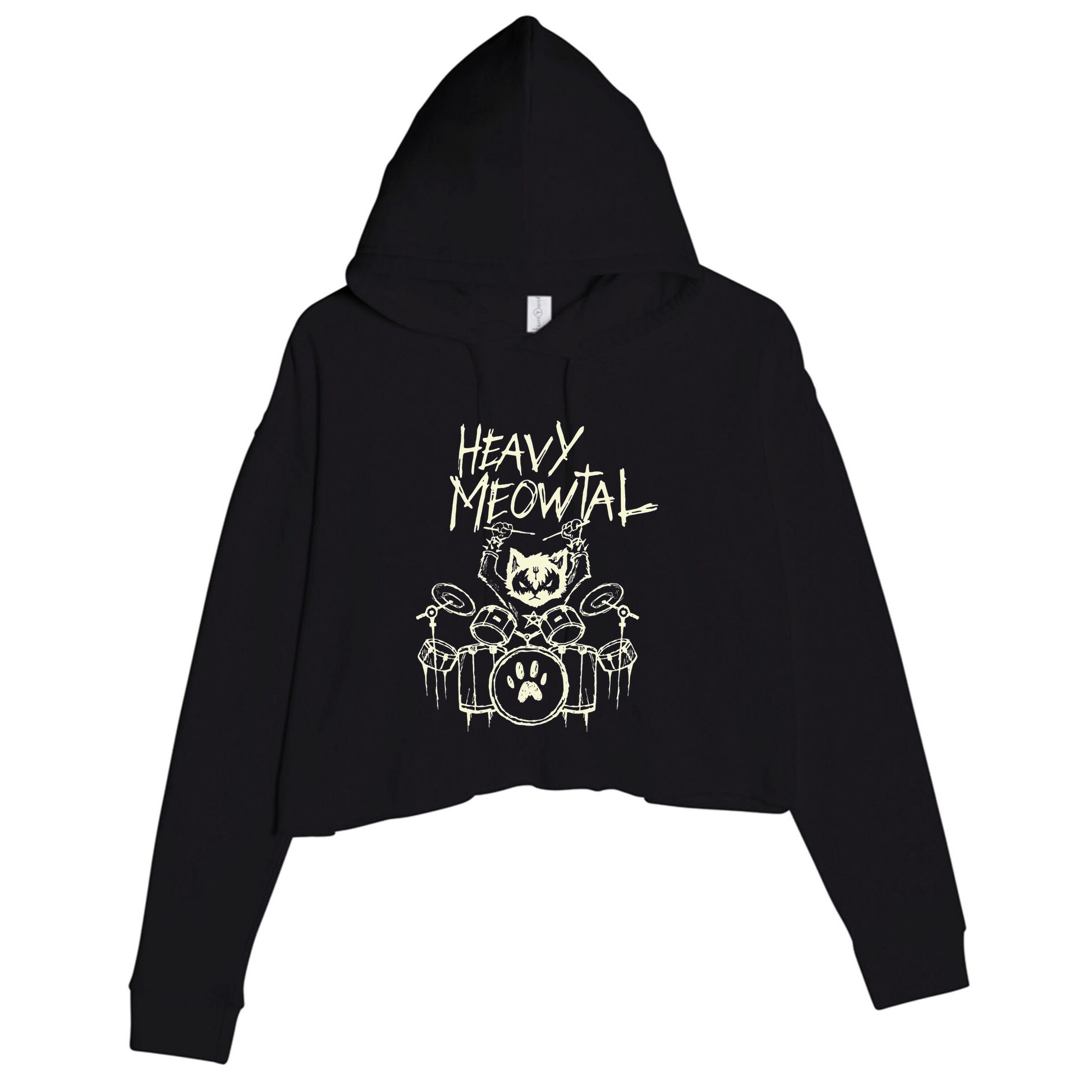 Heavy Metal Headbanger Drummer Cat Playing Crop Fleece Hoodie