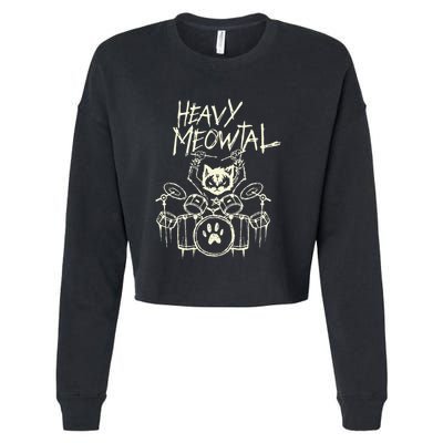 Heavy Metal Headbanger Drummer Cat Playing Cropped Pullover Crew