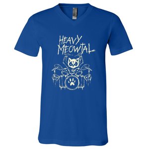 Heavy Metal Headbanger Drummer Cat Playing V-Neck T-Shirt