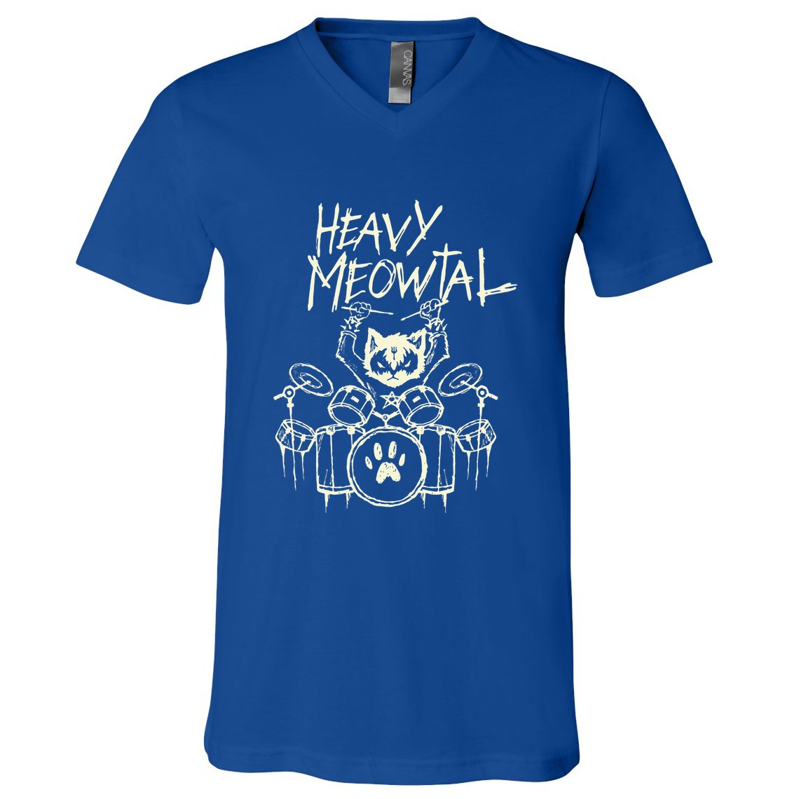 Heavy Metal Headbanger Drummer Cat Playing V-Neck T-Shirt