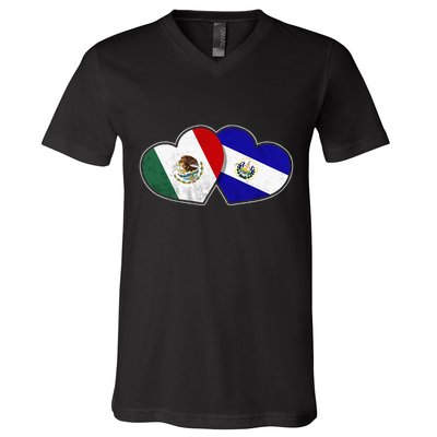 Half Mexican Half Salvadorian Flag Heart Mexico El Salvador V-Neck T-Shirt