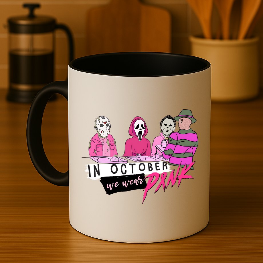 Horror Movies In October We Wear Pink For Breast Cancer Awareness Mug