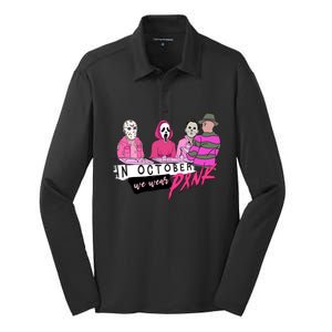 Horror Movies In October We Wear Pink For Breast Cancer Awareness Silk Touch Performance Long Sleeve Polo