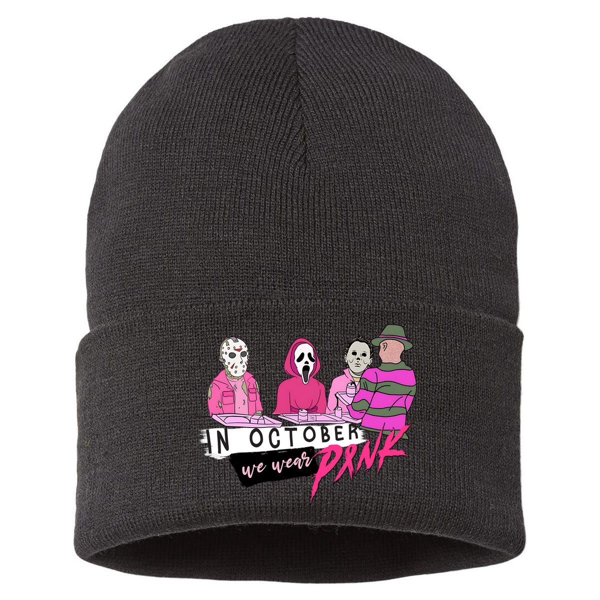 Horror Movies In October We Wear Pink For Breast Cancer Awareness Sustainable Knit Beanie
