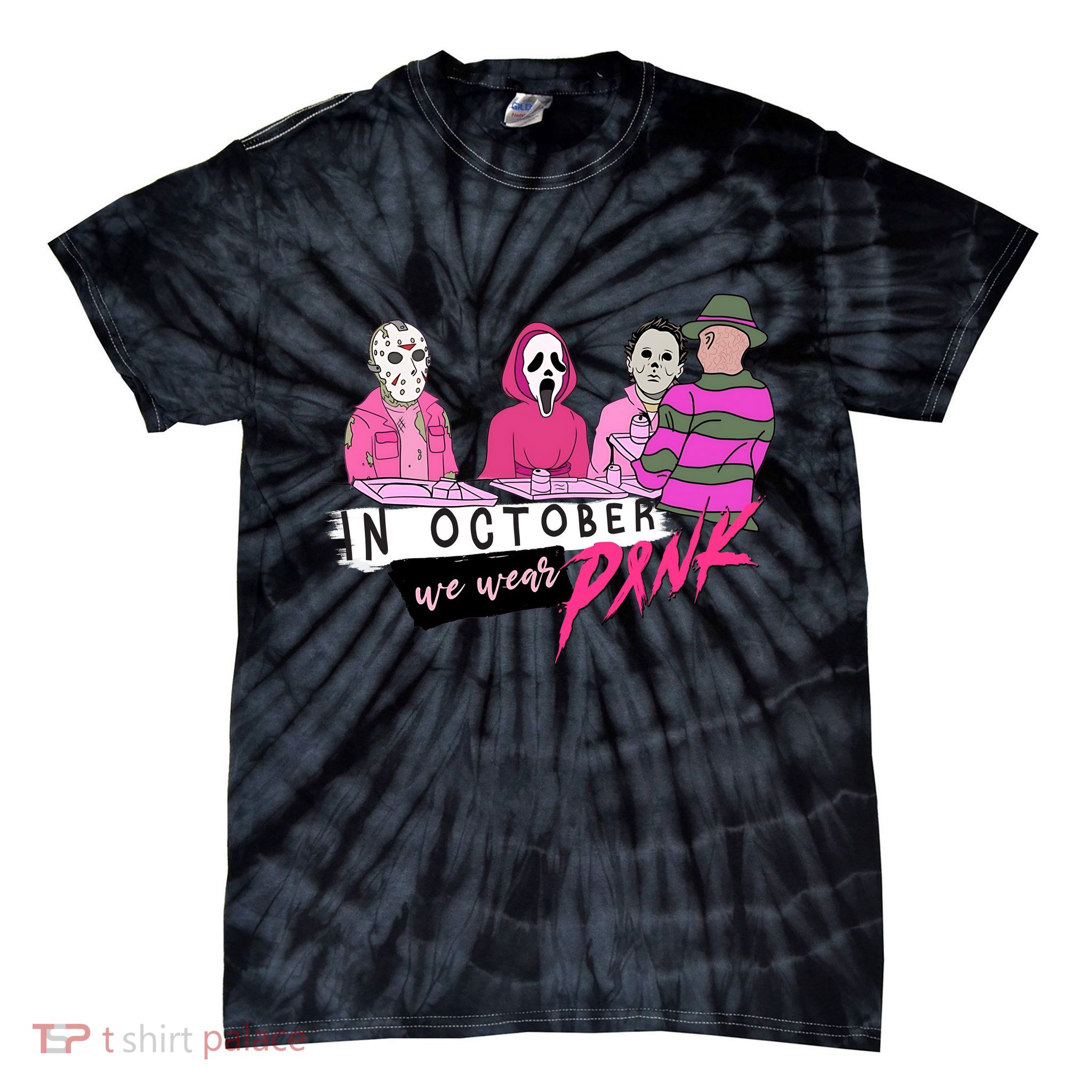 Horror Movies In October We Wear Pink For Breast Cancer Awareness Tie-Dye T-Shirt