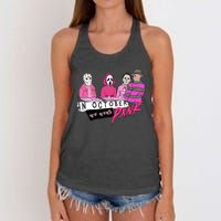 Horror Movies In October We Wear Pink For Breast Cancer Awareness Women's Knotted Racerback Tank