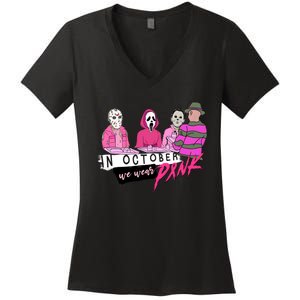 Horror Movies In October We Wear Pink For Breast Cancer Awareness Women's V-Neck T-Shirt