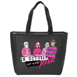 Horror Movies In October We Wear Pink For Breast Cancer Awareness Zip Tote Bag