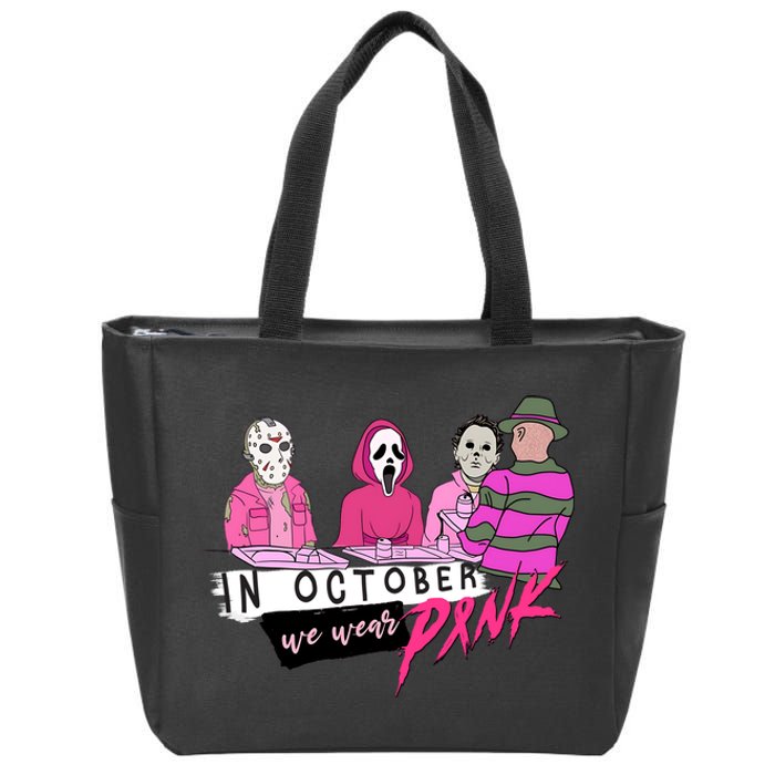 Horror Movies In October We Wear Pink For Breast Cancer Awareness Zip Tote Bag