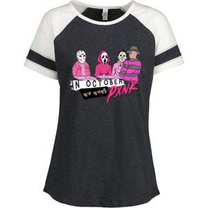 Horror Movies In October We Wear Pink For Breast Cancer Awareness Enza Ladies Jersey Colorblock Tee