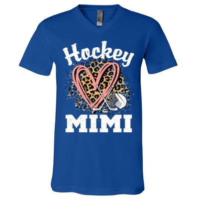 Hockey Mimi Leopard Heart Ice Hockey Grandma Great Gift V-Neck T-Shirt