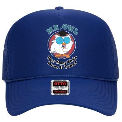 How Many Licks Does It Take Funny Owl Sarcastic High Crown Mesh Back Trucker Hat