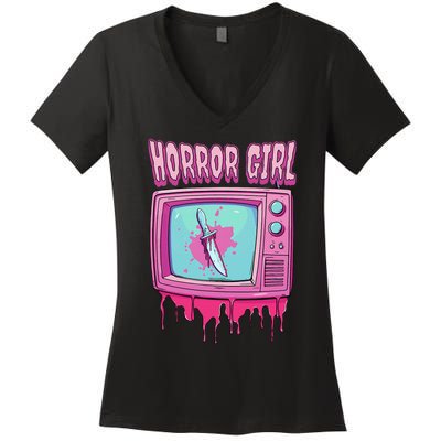 Horror Movie Lover Pastel Goth Slasher Pink Retro Tv Scary Women's V-Neck T-Shirt