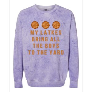 Hanukkah My Latkes Bring All The To The Yard Menorah  Colorblast Crewneck Sweatshirt