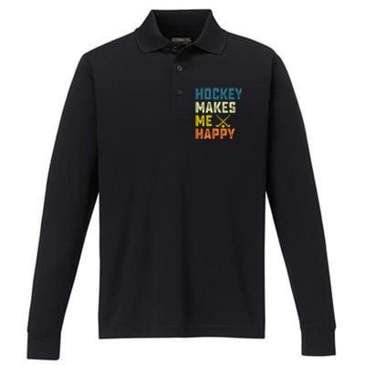 Hockey Makes Me Happy Vintage Hockey Love Gift Performance Long Sleeve Polo