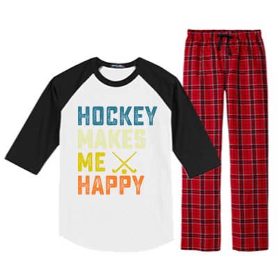 Hockey Makes Me Happy Vintage Hockey Love Gift Raglan Sleeve Pajama Set