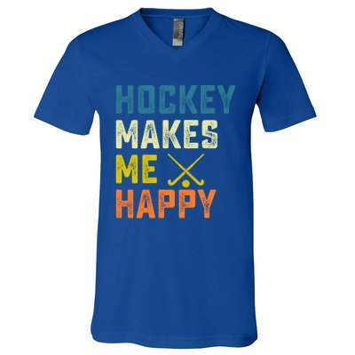 Hockey Makes Me Happy Vintage Hockey Love Gift V-Neck T-Shirt