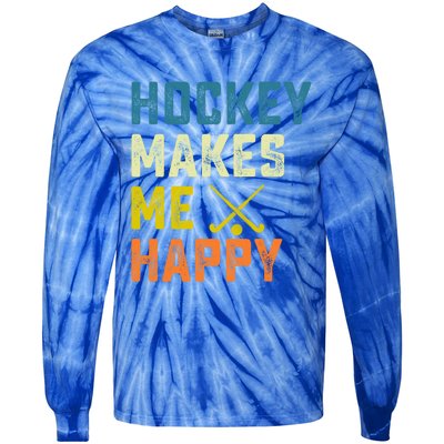 Hockey Makes Me Happy Vintage Hockey Love Gift Tie-Dye Long Sleeve Shirt