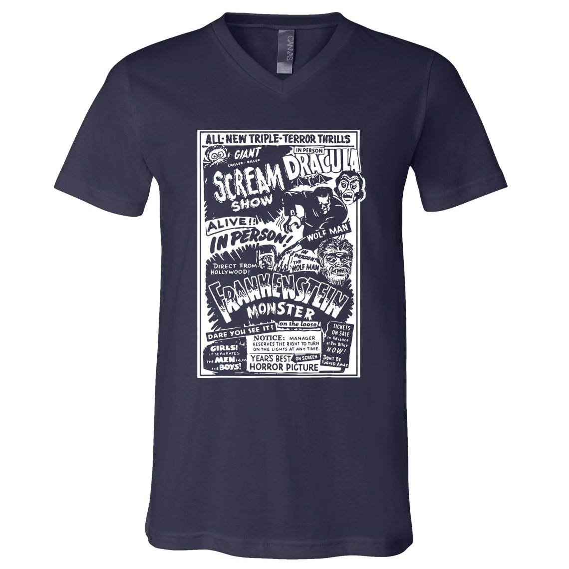 Horror Movie Monsters Mummy Wolfman Dracula Frankenstein V-Neck T-Shirt