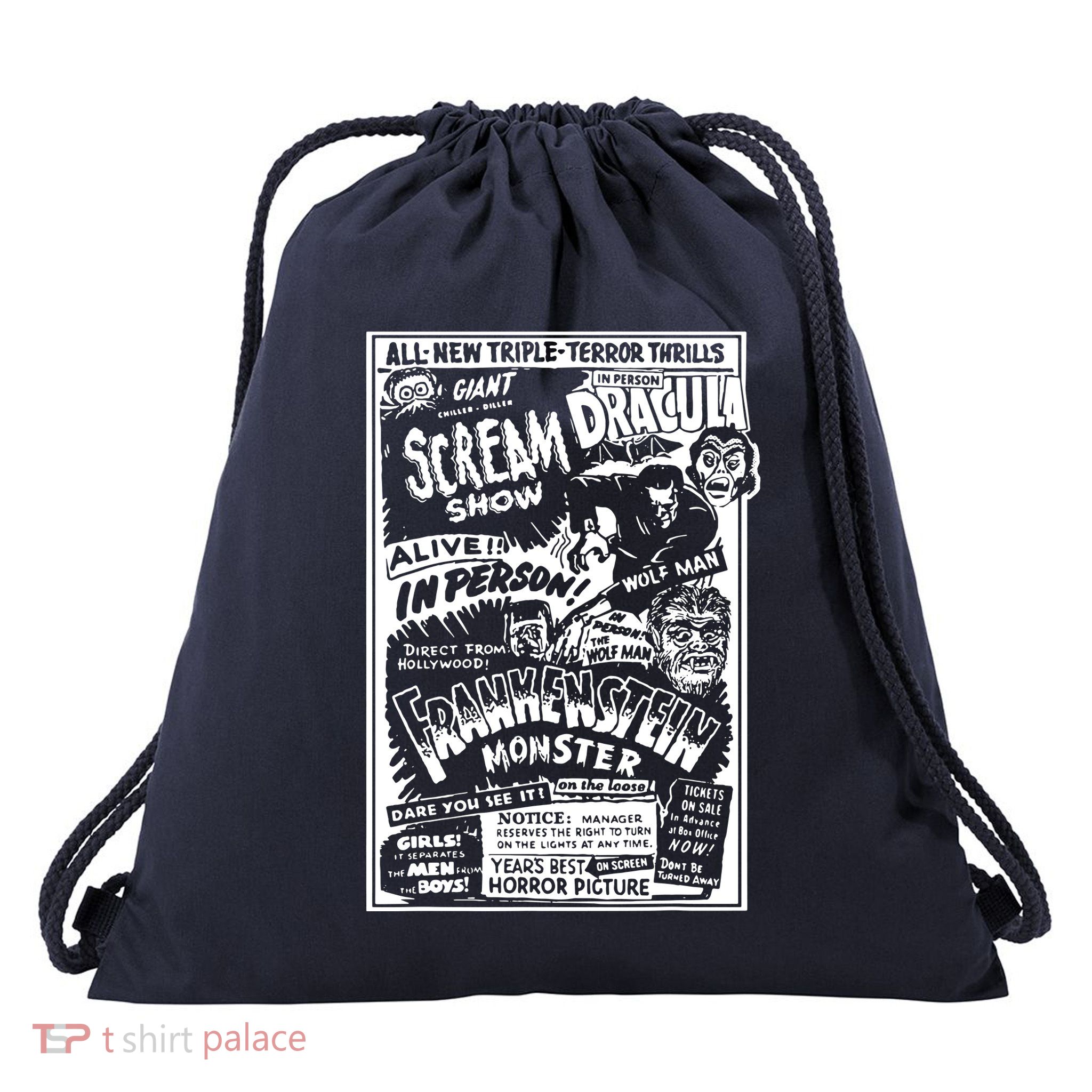 Horror Movie Monsters Mummy Wolfman Dracula Frankenstein Drawstring Bag