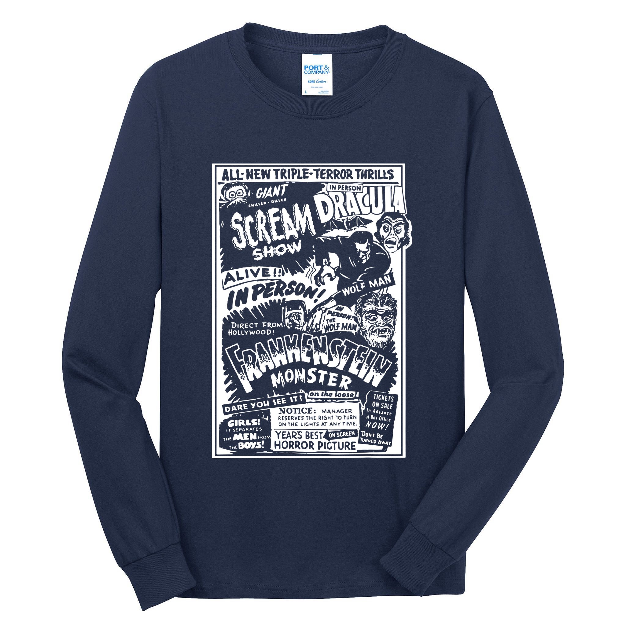 Horror Movie Monsters Mummy Wolfman Dracula Frankenstein Tall Long Sleeve T-Shirt