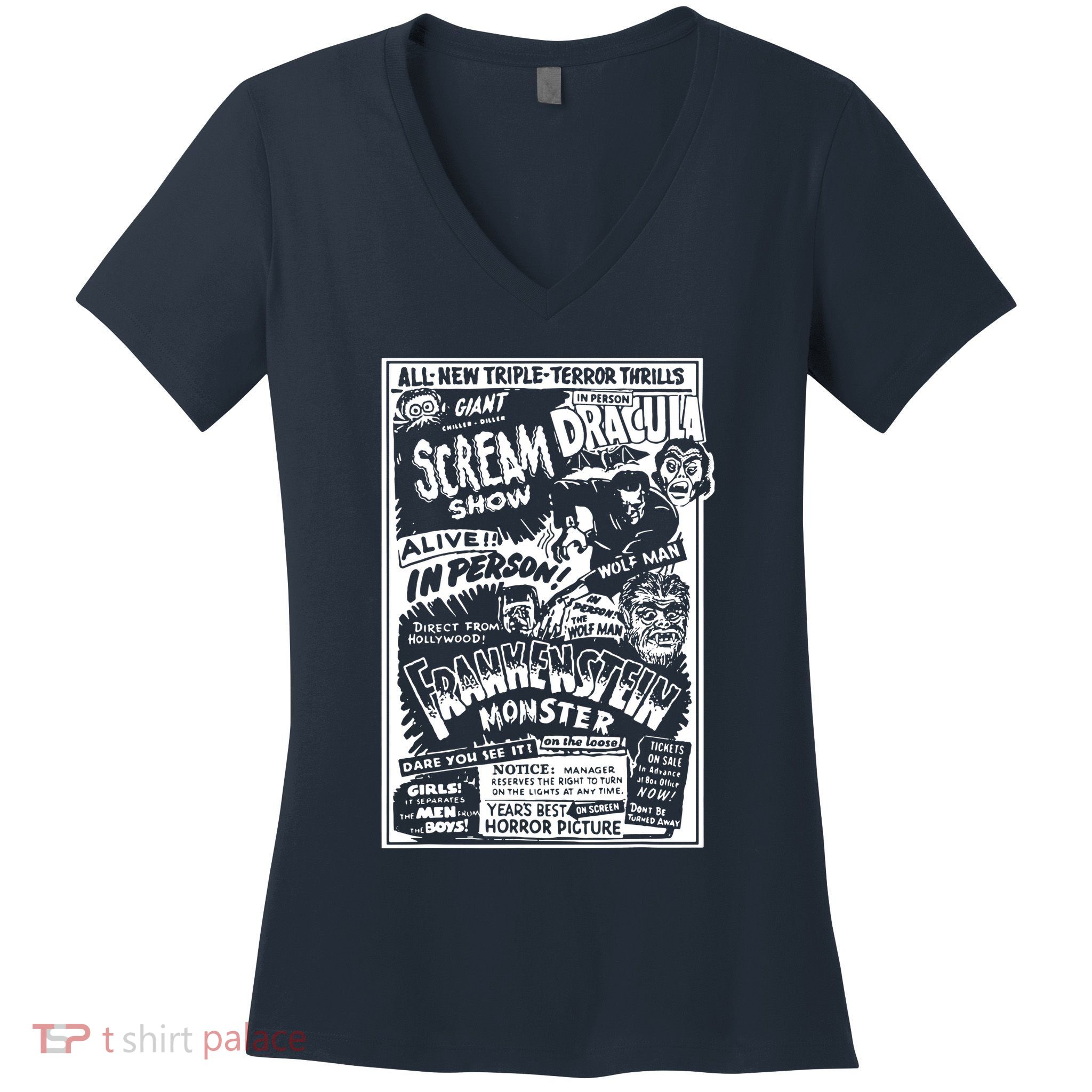Horror Movie Monsters Mummy Wolfman Dracula Frankenstein Women's V-Neck T-Shirt