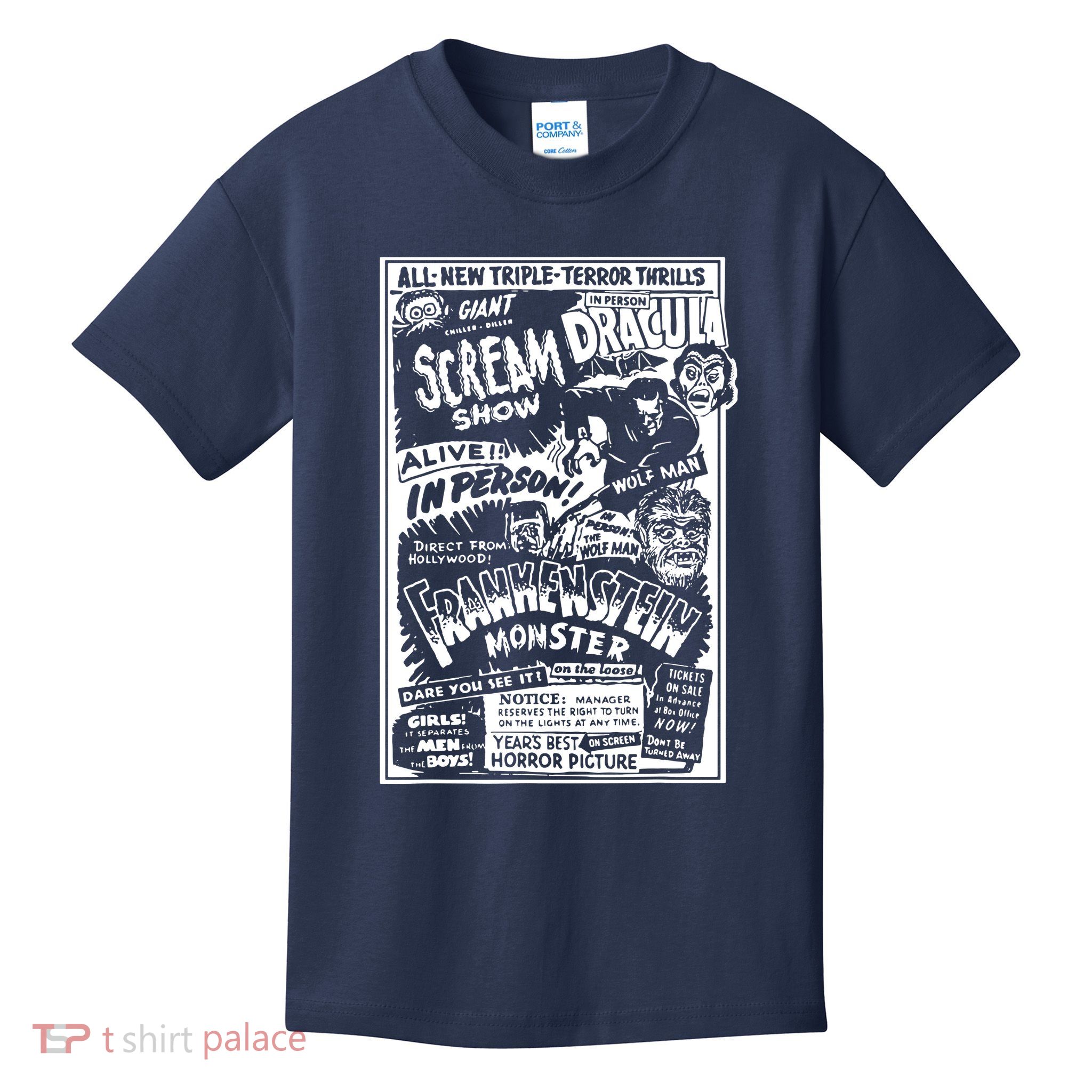 Horror Movie Monsters Mummy Wolfman Dracula Frankenstein Kids T-Shirt