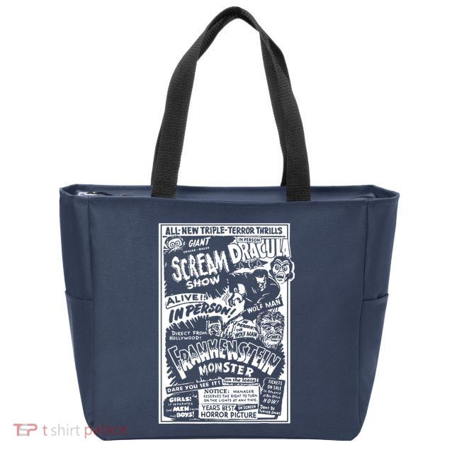 Horror Movie Monsters Mummy Wolfman Dracula Frankenstein Zip Tote Bag