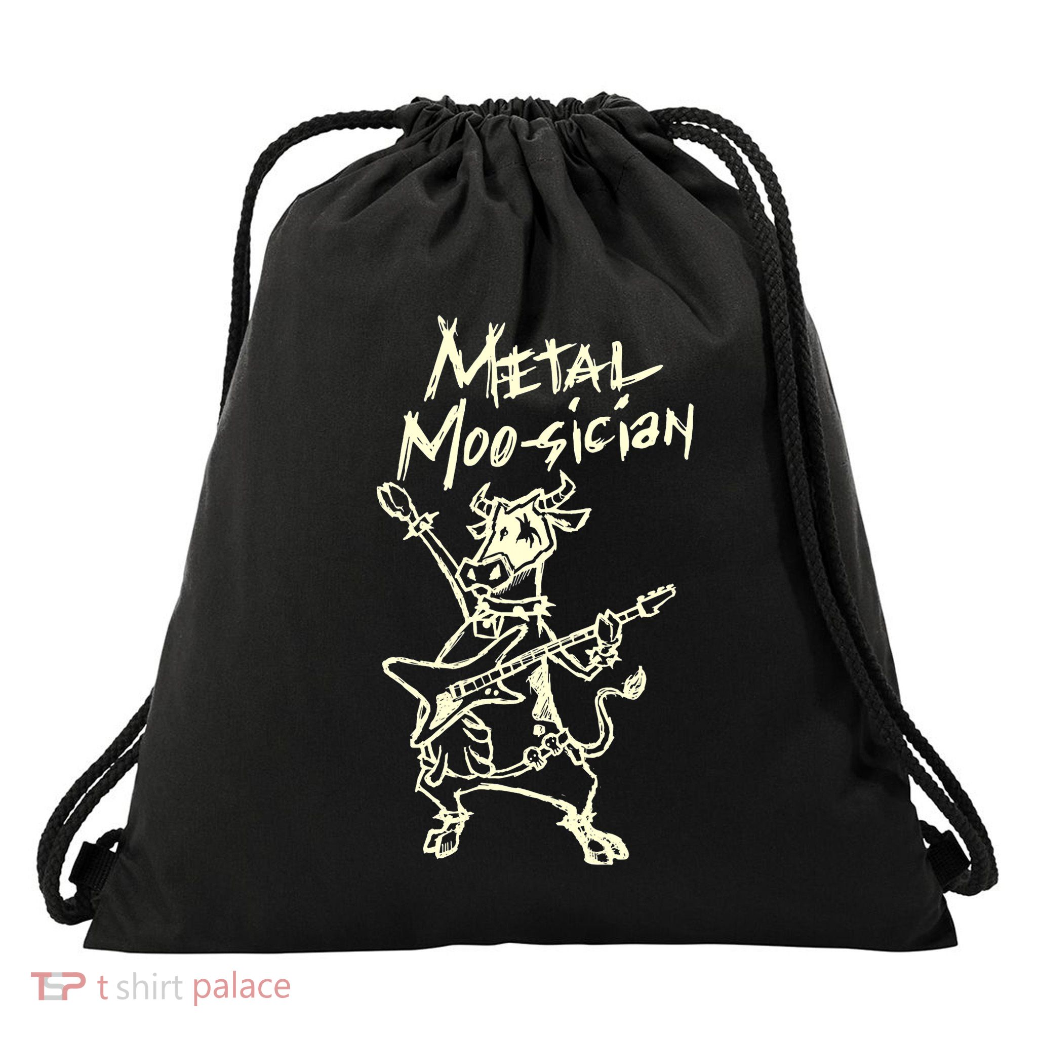Heavy Metal Moosician Goth Bull Guitar Playing Cow Drawstring Bag