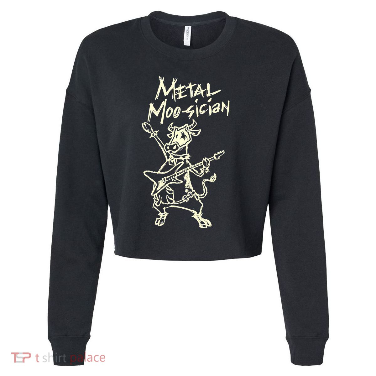 Heavy Metal Moosician Goth Bull Guitar Playing Cow Cropped Pullover Crew