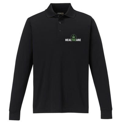 Healthcare Medical Marijuana Weed Leaf Funny Happy 420 Day Performance Long Sleeve Polo