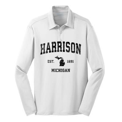 Harrison Michigan Mi Vintage Established Sports Design Silk Touch Performance Long Sleeve Polo