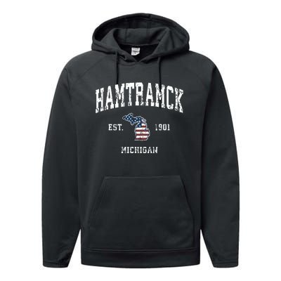 Hamtramck Michigan Mi Vintage American Flag Sports Design Performance Fleece Hoodie