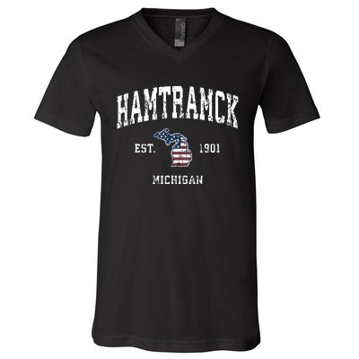 Hamtramck Michigan Mi Vintage American Flag Sports Design V-Neck T-Shirt