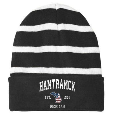 Hamtramck Michigan Mi Vintage American Flag Sports Design Striped Beanie with Solid Band